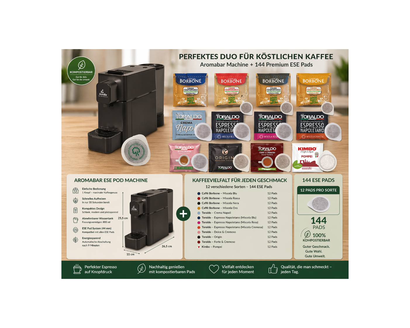 Aromabar ESE Pad Kaffeemaschine Set mit 144 Premium ESE Pads – 12 Sorten
