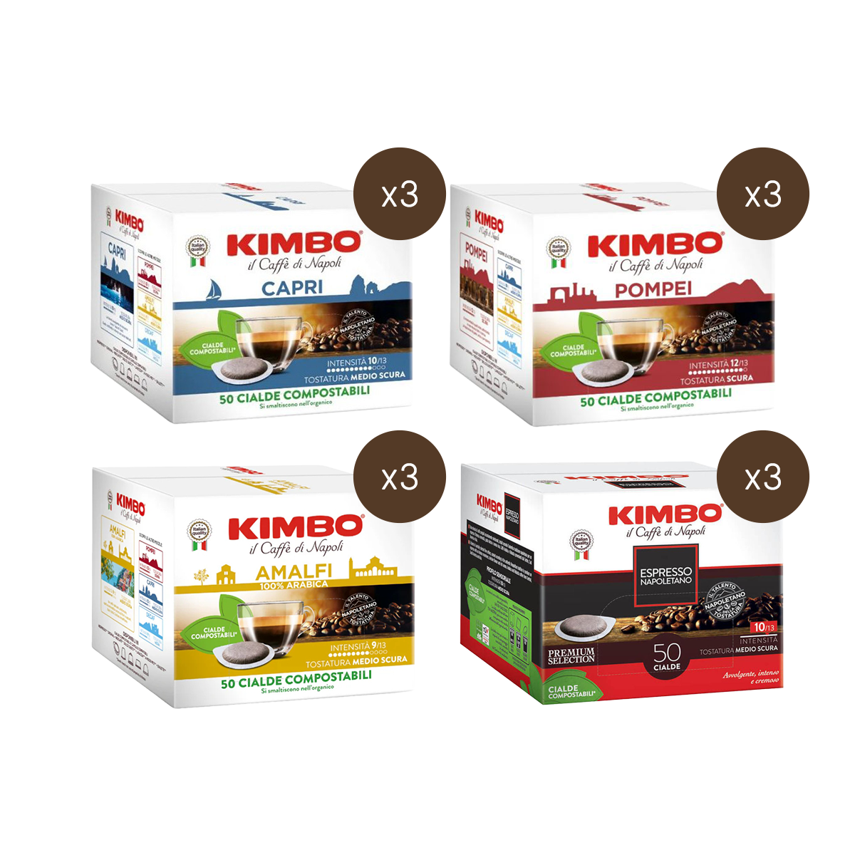 Kimbo Pad-Set: Capri, Amalfi, Pompei , Barista Napoli (600 Pads)